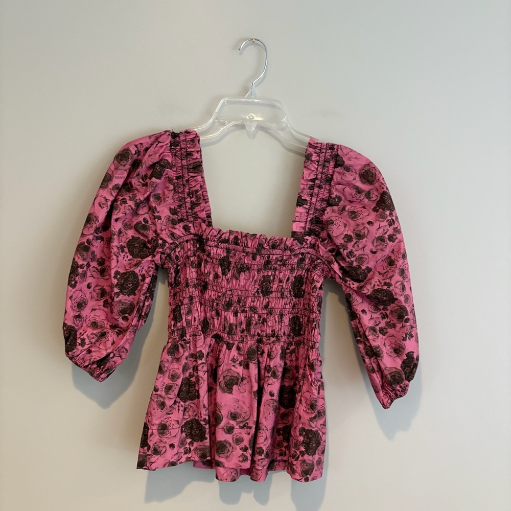 Ganni Shirred Organic Cotton Pink Floral Smocked Blouse